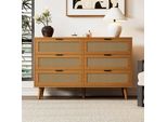 Credenza Merax Con 6 Cassetti E Gambe In Legno Massiccio, Credenza In Vimini Rattan, Cassettiera In Legno Per Soggiorno 120X40X76,5 Cm