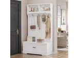 Set Di Armadi Flieks Armadio Da Ingresso 101,5X47X183 Cm, Appendiabiti Con 4 Ganci, Scarpiera A 2 Ante E Panca, Bianco