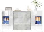 Credenza Fortuna Lai Led, Mobile A 2 Ante E 3 Cassetti, Pannelli Bianchi Lucidi Ed Esterno In Marmo Grigio