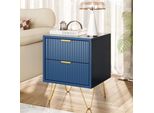 Comodino, 2 Cassetti, Gambe Dorate, Maniglie Dorate, Design Con Linee Convesse E Concave, Struttura Robusta, Blu