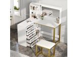 Comodino Con Sgabello, Specchio Hd E Illuminazione Led Regolabile, Presa Di Corrente, 5 Cassetti, Bianco