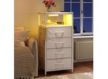 Moderno Comodino A 4 Livelli Con Cassetti, Prese Ue E Usb, Illuminazione A Led, Tasche Laterali, Ganci A L, Bianco