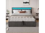 Letto Imbottito Abrihome 160X200Cm Con Contenitore E Rete A Doghe, Letto Matrimoniale In Lino Con Usb E Luce Ambientale A Led, Grigio