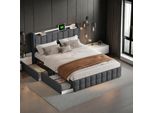 Unboxg Letto Imbottito 160X200Cm Con Usb E Prese Di Corrente, Letto Per Ragazzi Letto Matrimoniale Con 4 Cassetti, Letto Contenitore Letto In Legno Massiccio Con Led/Tipo C E Rete A Doghe, Lino