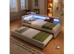 Letto Imbottito Flieks 90X200Cm Con Letto Estraibile, Divano Letto Daybed Con Funzione Di Carico E Led, Letto Giovanile Letto Singolo Daybed, Lino, Beige
