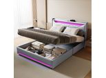 Letto Proximax 140 X 200 Cm In Tessuto Grigio Con Illuminazione A Led Sulla Testata E Sulla Pediera, Connessione Usb Sulla Testata, Funzione Molla A Gas, Spazio Per Riporre Oggetti Sotto Il Letto - Letto Imbottito Moderno