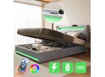 Unboxg Letto Imbottito 140X200Cm In Lino Grigio, Letto Contenitore Con Rete Idraulica, Illuminazione Led, Funzione Di Ricarica Usb E Type-C