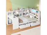 Letto Contenitore Abrihome Letto In Legno 90X200Cm Con Scrivania, Libreria E Cassetti, Letto Per Bambini Con Rete A Doghe, Bianco