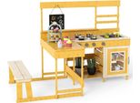 Costway Cucina Di Fango, Cucina Per Bambini, Cucina Da Gioco Con Tavolo Da Picnic, Panca, Accessori Per Dolci, Utensili Da Cucina E Tavolo, Cucina All'aperto In Legno D'abete Per Bambini 3+