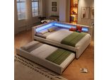 Letto Imbottito Flieks 140X200Cm Con Letto Estraibile, Divano Letto Daybed Con Funzione Di Carico E Led, Letto Giovanile Letto Matrimoniale Daybed, Lino, Beige