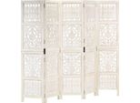 The Living Store Divisorio 5 Pezzi Intagliato A Mano Bianco 200×165Cm In Legno Massello Di Mango