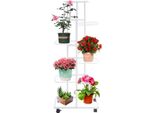 Scaffale Per Piante - Scaffale Per Fiori A 6 Ripiani - 4 Rotelle Con Freno - Ferro - Portata Per Ripiano 2,5-5 Kg - 42×22×112 Cm - Interno/Esterno - Bianco