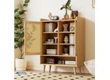 Cassettiera In Rattan Flieks A 2 Ante Con Vano Portaoggetti, Credenza Per Soggiorno Con Gambe In Legno Massiccio, Credenza Portaoggetti, Finitura Naturale