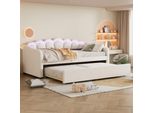 Flieks Divano Letto Divano Letto 90X200Cm Con Led, Letto Imbottito Letto Per Ragazzi Letto Singolo Con Letto Estraibile 90X190Cm, Letto Da Giorno Letto Per Ospiti Letto Funzionale, Velluto Beige