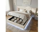Letto Imbottito Lvhom 140X200 Cm Con Led E Usb, Letto Matrimoniale Idraulico Con Ripiani, Letto Per Ragazzi Con Rete A Doghe, Letto A Molle Insacchettate In Velluto, Beige