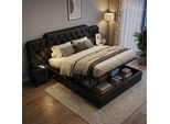 Lvhom Letto Imbottito 180X200 Cm Con Lampade Da Lettura E Usb, Letto A Molle Idrauliche Con Rete, Letto Matrimoniale In Pelle Finta, Letto Funzionale, Nero