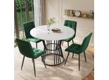 Set Da Pranzo Flieks, Tavolo Da Pranzo Con 4 Sedie, Tavolo Rotondo 100X75 Cm, Tavolo Per Sala Da Pranzo Soggiorno, Sedie Imbottite Con Seduta In Velluto, Verde