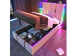 Letto Imbottito Sweiko Funzione Di Ricarica Usb Type C App-Control Led Letto Singolo 90×200 Letto Contenitore Struttura Del Letto, Rete A Doghe In Legno, Materiale Lino Beige (Senza Materasso)
