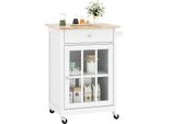 Costway 65X48,5X87,5 Cm Carrello Da Cucina, Carrello Di Servizio In Legno Con Rotelle, Cassetto, Porta Asciugamani, Anta In Vetro E Ripiano Regolabile, Mobile Da Cucina Su Rotelle, Bianco