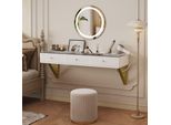 Tavolino Da Toilette A Parete Merax, 3 Cassetti Con Divisori, Piano In Vetro, Porta Tablet E Porta Bicchieri, Tavolo Cosmetico Elegante, Tavolo Cosmetico, Bianco