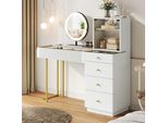 Tavolino Da Toilette Merax Con Specchio Illuminato A Led, 5 Cassetti, Mobile Con Anta In Vetro, Piano In Vetro Temperato, Moderno Tavolo Cosmetico Bianco