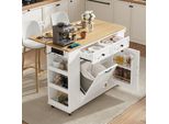 Carrello Di Servizio A Isola Per Cucina Merax Con Rotelle, Tavolo Allungabile, Vano Rifiuti, Presa Di Corrente, Carrello Per Cucina E Sala Da Pranzo, Bianco+Naturale