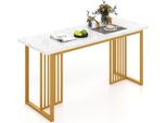 Tavolo Da Pranzo Costway In Legno 160X60Cm, Tavolo Da Cucina Rettangolare Con Aspetto Marmoreo E Gambe In Metallo, Tavolo Da Pranzo Per 6-8 Persone, Grande Tavolo Bianco Dorato
