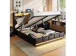 Unboxg Letto Contenitore Idraulico 140×190 Cm, Letto Imbottito Matrimoniale Con Led E Funzione Di Ricarica Usb, Struttura Letto Funzionale Con Vano Contenitore E Rete A Doghe, Pu, Nero