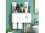 Distributore Automatico Di Dentifricio Con Portaspazzolino, Montaggio A Parete, 6 Alloggiamenti Per Spazzolino Con Coperchio, 2 Tazze Magnetiche E Cassetto Organizzatore Per Cosmetici (2 Tazze)