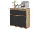 Furnica - Noah - Cassettiera / Credenza Con 2 Cassetti E 2 Ante - Rovere Wotan / Grigio Antracite H75Cm L80Cm P35Cm