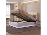 Letto Imbottito Merax 140X200Cm Con Led, Letto A Molle Idrauliche Con Rete A Doghe E Contenitore, Letto Matrimoniale In Legno Letto Per Ragazzi In Pelle Finta, Bianco
