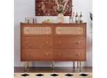 Flieks Credenza Cassettiera Con 6 Cassetti, Cassettiera In Rattan Armadi Soggiorno Legno Massiccio 120*40*90Cm