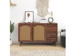 Flieks Credenza Cassettiera Con 2 Cassetti E 3 Ante Con Ripiani Regolabili, Mobili Soggiorno Rattan Legno Massiccio 130*75,5*40Cm