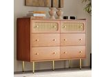 Credenza Merax 120 Cm Con 6 Cassetti, Cassettiera In Legno Massiccio Con Intreccio In Rattan, Credenza In Legno Con Gambe In Metallo, Aspetto Vintage In Noce, Soggiorno