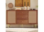 Cassettiera Merax Da 150 Cm Con 2 Ante E 3 Cassetti, Cassettiera Vintage In Rattan Con Ripiano Regolabile In Altezza E Gambe In Metallo, Noce, Mdf