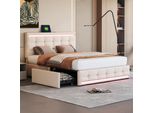 Letto Imbottito Merax 140X200Cm Con Testata Regolabile In Altezza, Led, Prese Usb E 4 Cassetti, Letto Funzionale Matrimoniale In Lino