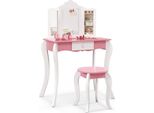 Costway Tavolino Da Toilette Per Bambini Con Sgabello, Tavolino Da Toilette Con Specchio Estraibile 3 Volte, Tavolino Cosmetico In Legno Per Bambine Con Cassetto 68X42X100Cm (Rosa+Bianco)