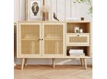 Cassettiera Merax In Vimini Rattan Con Cassetto E 6 Scomparti, Mobile Da Soggiorno In Rattan Credenza Tv In Stile Country In Legno Massiccio 120*40*80Cm