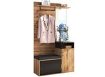 Set Appendiabiti Raldento Con Specchio, 4 Ganci Per Cappotti, Scarpiera E Scomparti, Appendiabiti A Muro, Panca Appendiabiti Da Corridoio, Ripiano Superiore (Nero E Legno)