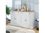Grande Cassettiera, Credenza Con 4 Ante E 2 Cassetti, Mobile Buffet Moderno Per Camera Da Letto, Soggiorno, Ingresso, Corridoio, 150 X 86 X 40 Cm- (Bianco Antico + Legno Naturale)