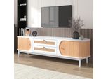 Mobile Tv Merax Con 2 Cassetti E 2 Ante Scorrevoli Curve, Lavagna Bassa Con Intreccio In Rattan, Larghezza 170 Cm, Bianco