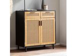 Credenza 80X86,5X40 Cm Cassettiera Nera Con Vimini Viennese, Cassettiera Alta Senza Tempo, Mobile Da Soggiorno A Terra Con 2 Ante E Cassetti, Credenza In Rattan | Wohnling