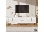 Mobile Tv Merax Con 2 Cassetti E 4 Ante, Lavagna Tv Lucida Tavolo Tv Con Base Dorata, Lavagna Tv 170X40X53Cm, Bianco
