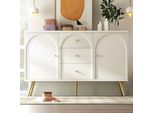 Credenza Flieks Con 3 Cassetti, Mobile Da Soggiorno A 2 Ante, Cassettiera Con Gambe In Metallo, 140X40X84Cm, Bianco Panna