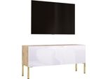 Cabinet Tv In Rovere Wotan / Bianco Lucido Con Gambe In Oro, 100 X 52 X 32 Cm