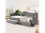 Divano Letto Flieks 90X190Cm Con Usb E Tipo C, Letto Imbottito Con 2 Cassetti, Divano Letto Daybed Con Rete A Doghe, Lino, Grigio