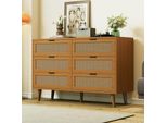 Cassettiera In Rattan Flieks Con 6 Cassetti, Cassettiera Credenza Con Gambe In Legno Massiccio, Credenza Mobile Da Soggiorno, 120X40X76,5 Cm, Noce