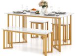 Costway Set Tavolo Da Pranzo 4 Pezzi, Set Da Sala Da Pranzo Con 2 Sedie, Panca E Tavolo Da Cucina Rettangolare, Set Da Pranzo In Marmo In Metallo 150X80X75Cm Bianco, Oro