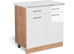 Vicco Mobiletto Base Per Cucina R-Line, 80 Cm Pl Marmo, Bianco Lucido/Quercia Dorata