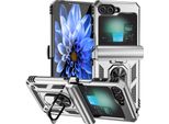 Custodia Ibrida Per Samsung Galaxy Z Flip 6 / Z Flip 7 Fe A Due Strati Con Supporto Ad Anello E Copertura A Cerniera Argento
